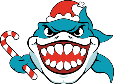 Wave Force shark mascot in a Santa hat holding a candy cane
