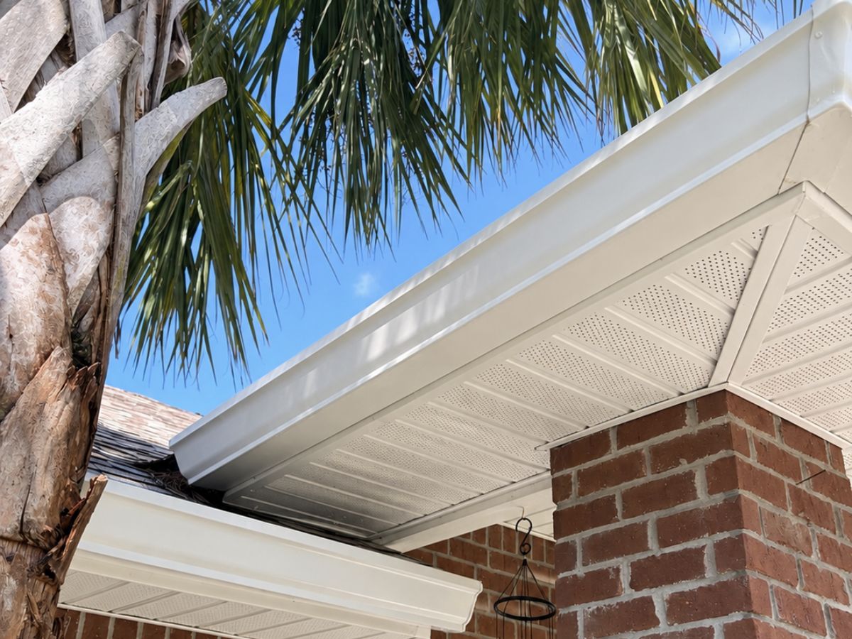 The same soffit, fascia and gutter cleaned back to bright white