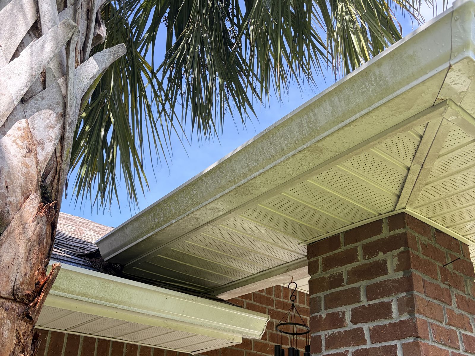 Soffit, fascia and gutter stained green with algae before cleaning