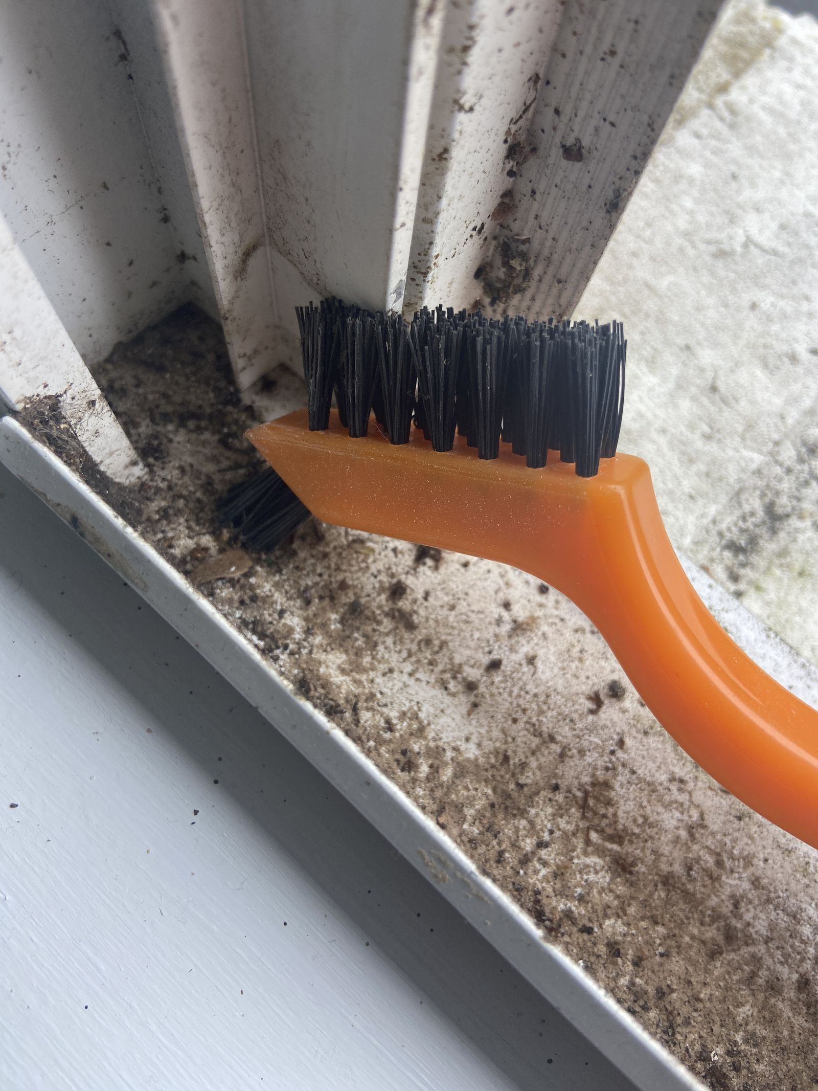 Detail brush clearing a dirty window track